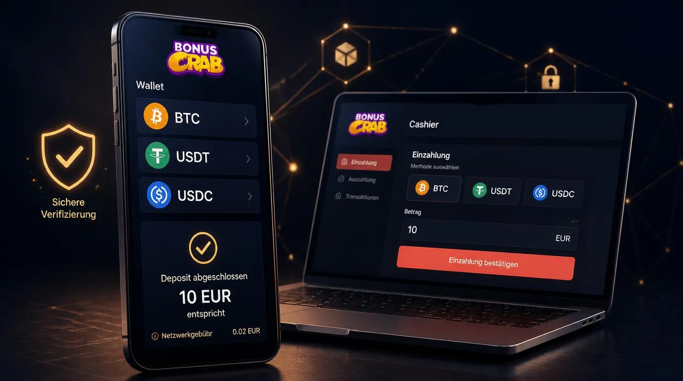 Smartphone mit Krypto-Wallet, Bitcoin, USDT und USDC sowie bestätigter Casino-Einzahlung