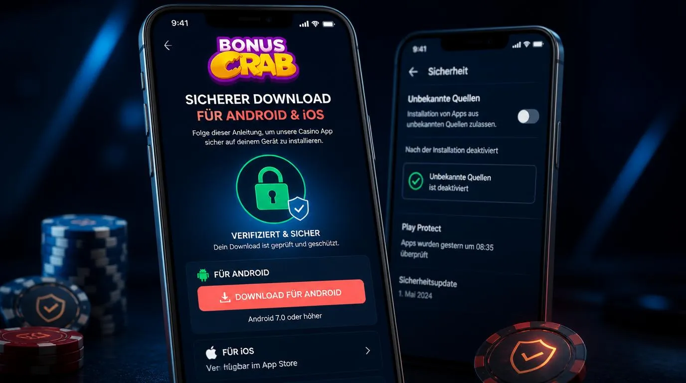 Smartphone mit offizieller Casino-Downloadseite, Sicherheitssymbol und sichtbaren Installationshinweisen