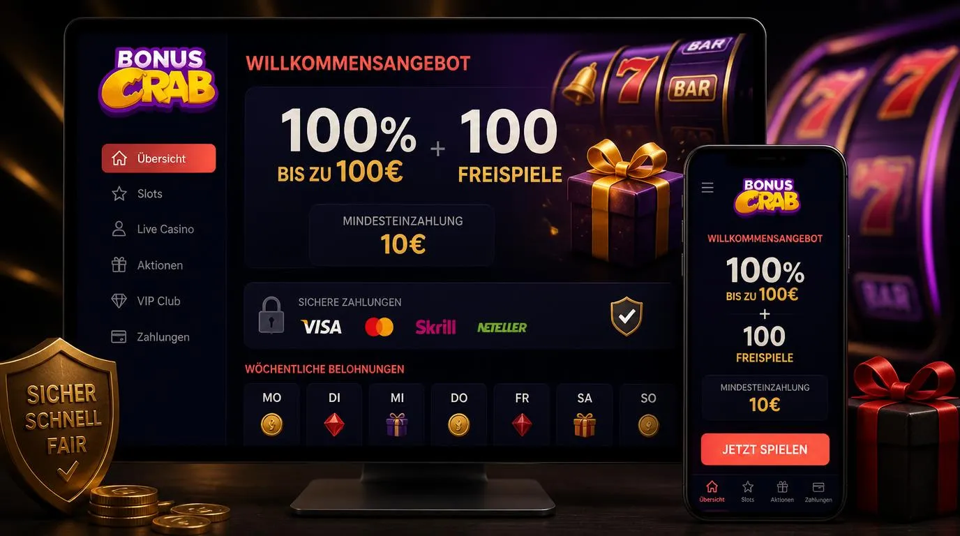Casino-Bonusansicht mit 100-Euro-Angebot, Freispielen und Einzahlung von 10 Euro