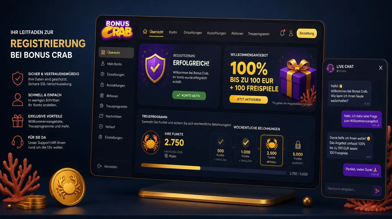 Registrierungsbereich eines Online-Casinos mit Willkommensbonus, Punkteübersicht und aktivem Live Chat