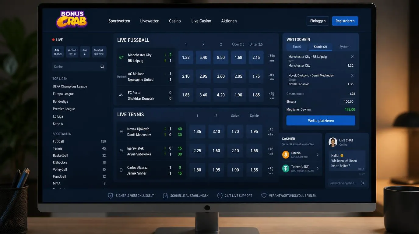 Live-Sportwettenansicht mit Quoten für Fußball, Tennis und Kombiwetten auf einem Bildschirm
