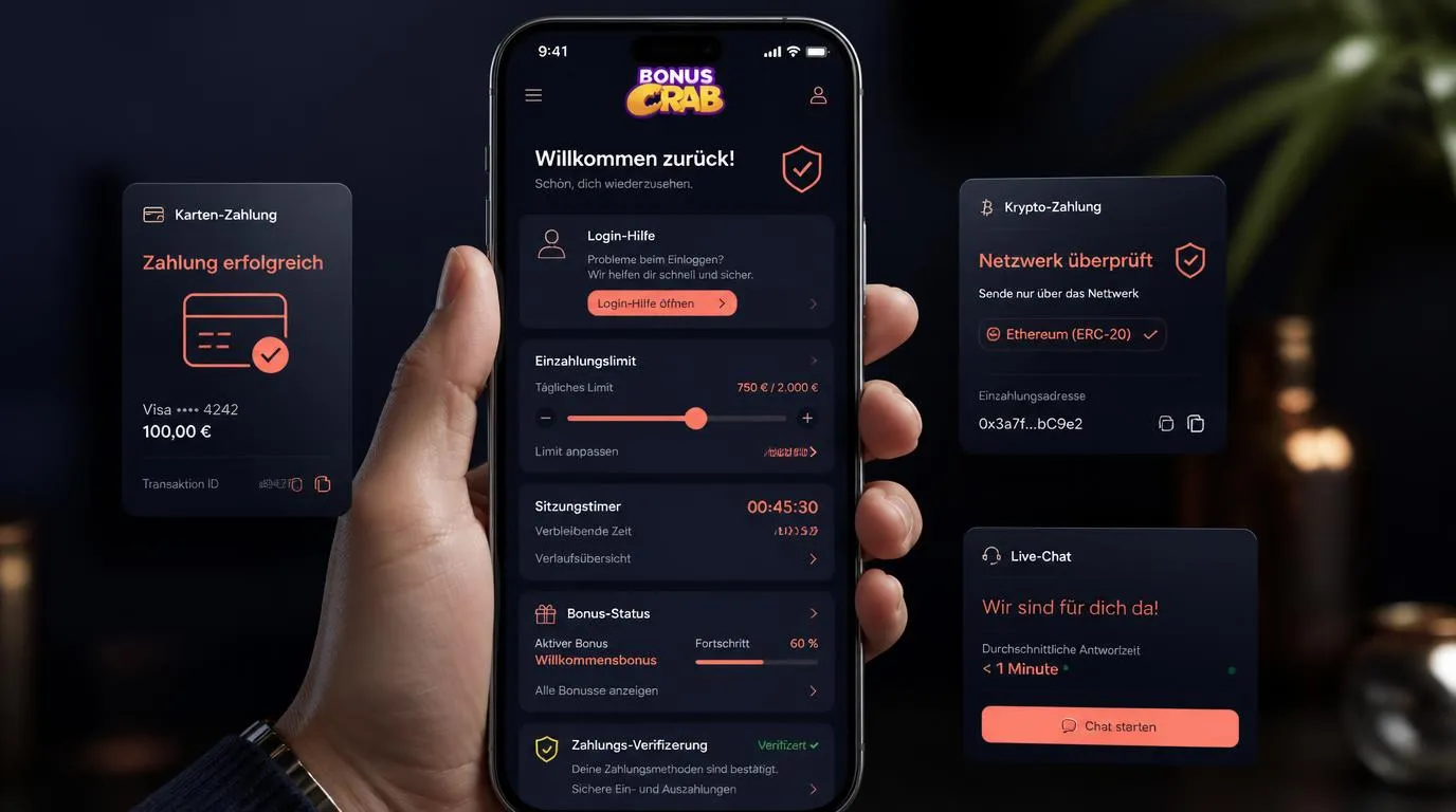 Smartphone mit Casino-Kontobereich, Sicherheitslimits und Zahlungsoptionen auf dem Display