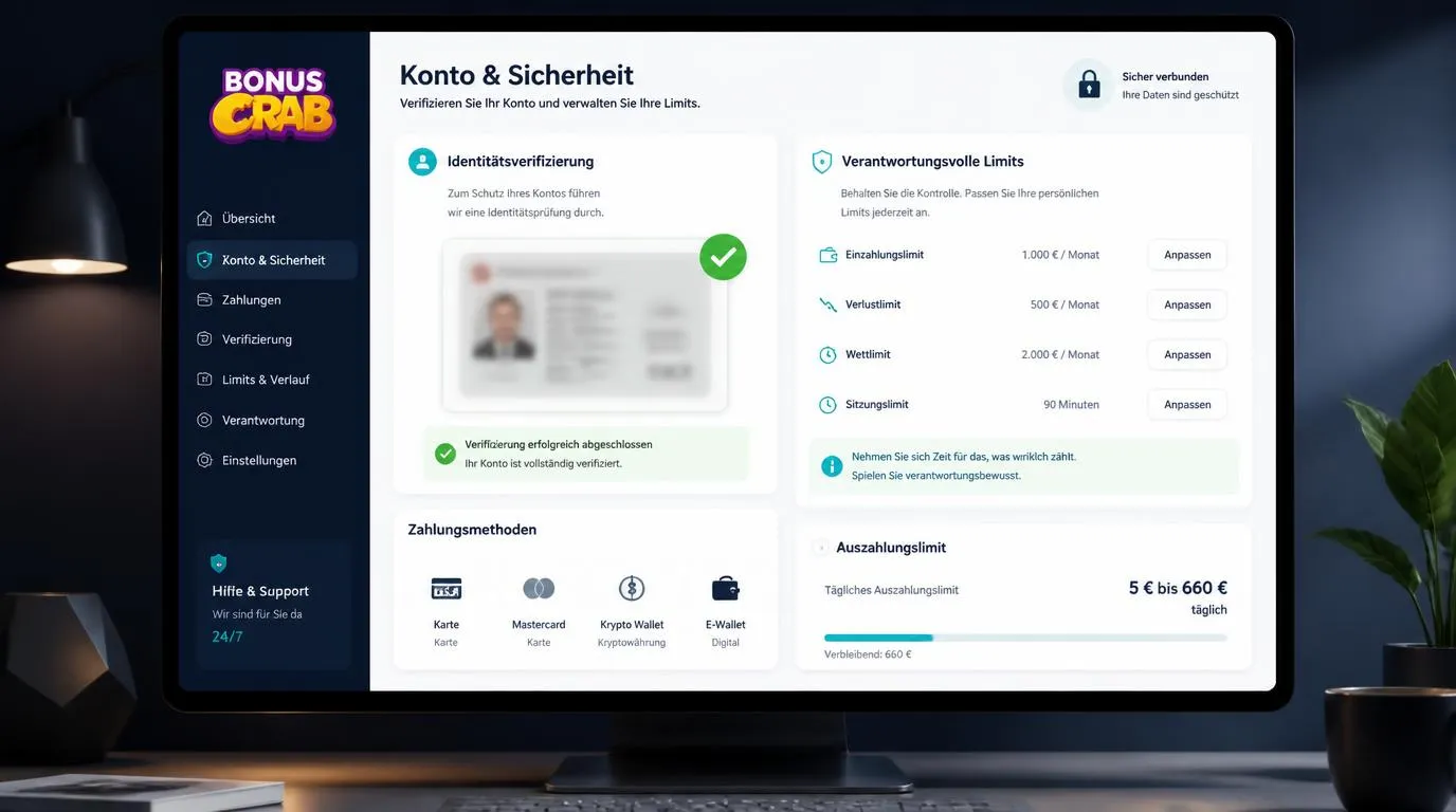 Verifizierungsbereich mit geschützten Dokumenten, Kontolimits und bestätigten Zahlungsoptionen