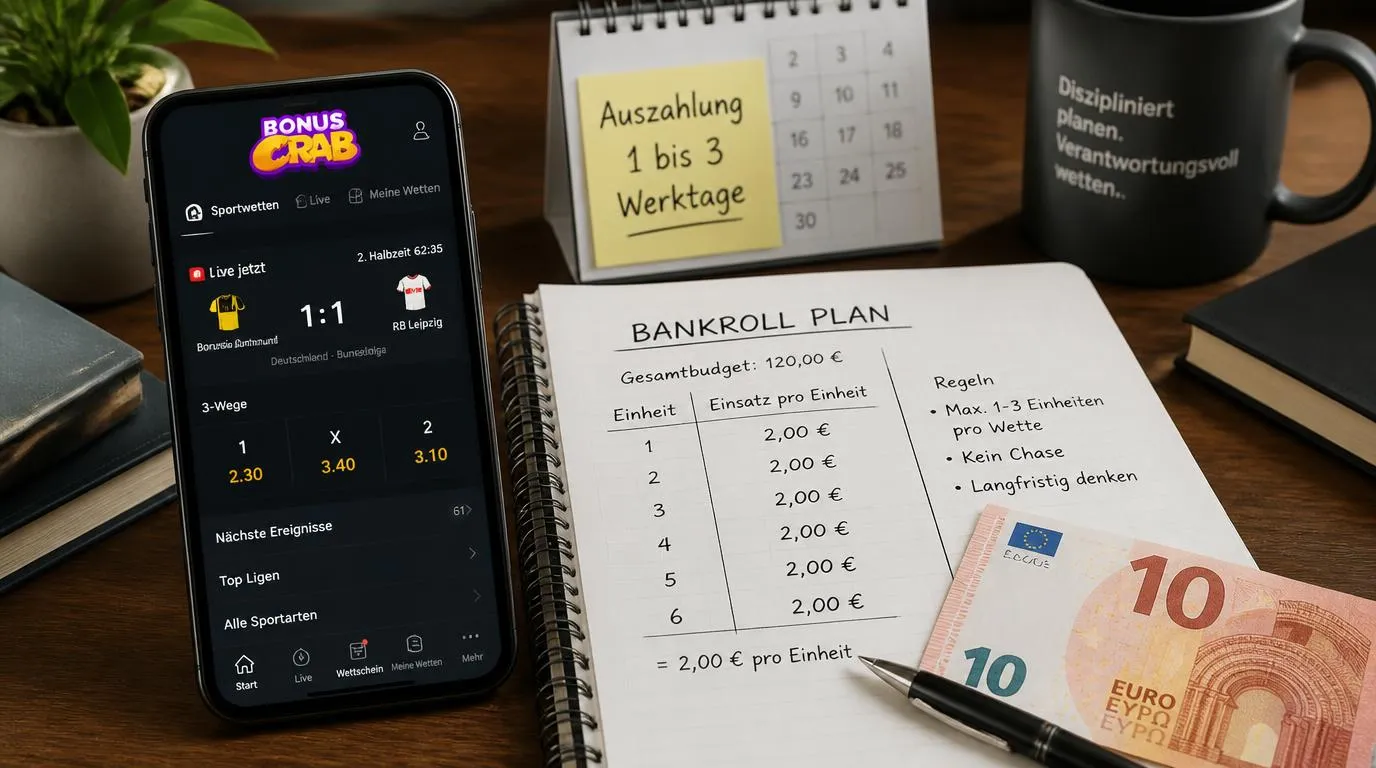 Sportwetten-Budgetplan mit kleinen Einsatz-Einheiten, Quotenübersicht und Auszahlungsnotiz