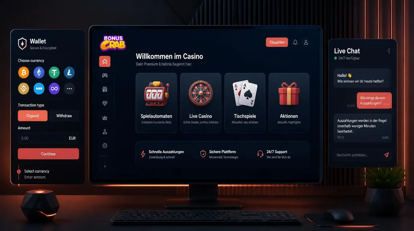 Klare Casino-Oberfläche mit Krypto-Zahlungen, 24-Stunden-Live-Chat und übersichtlicher Navigation