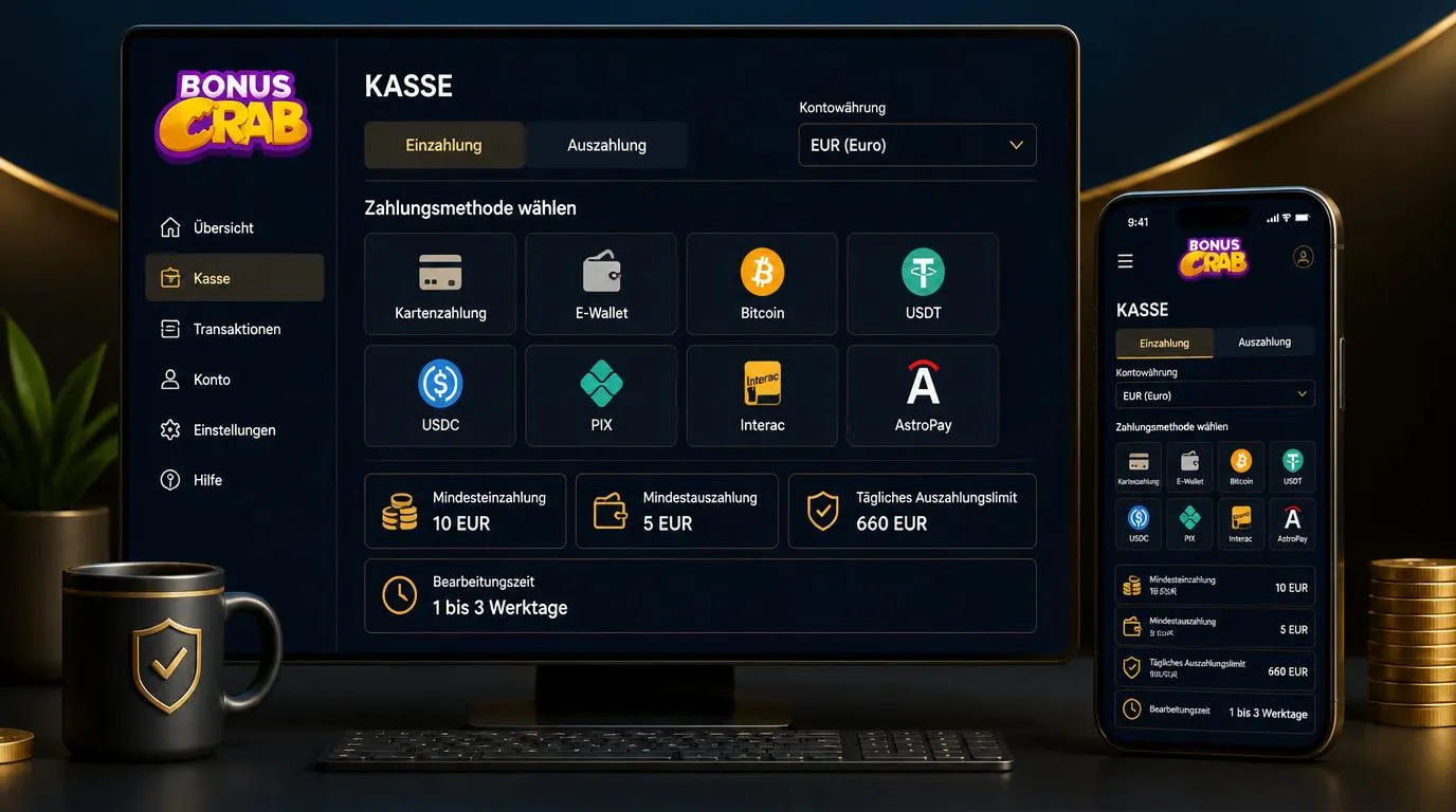 Casino-Kassenbereich mit EUR-Auswahl, Karten, E-Wallet und klaren Ein- und Auszahlungsbeträgen