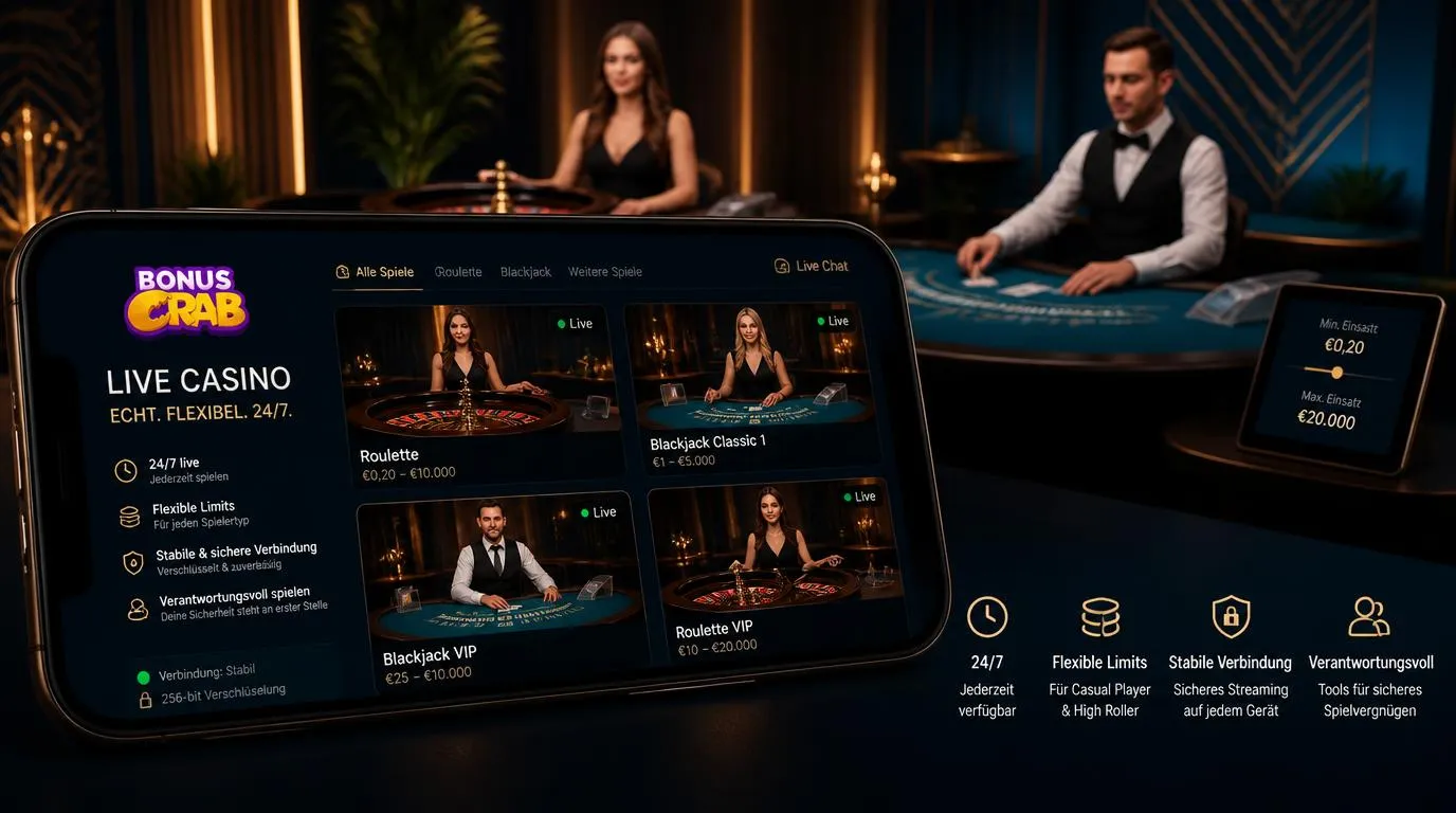 Live-Casino-Lobby auf einem Smartphone mit Roulette- und Blackjack-Tischen sowie Einsatzanzeige