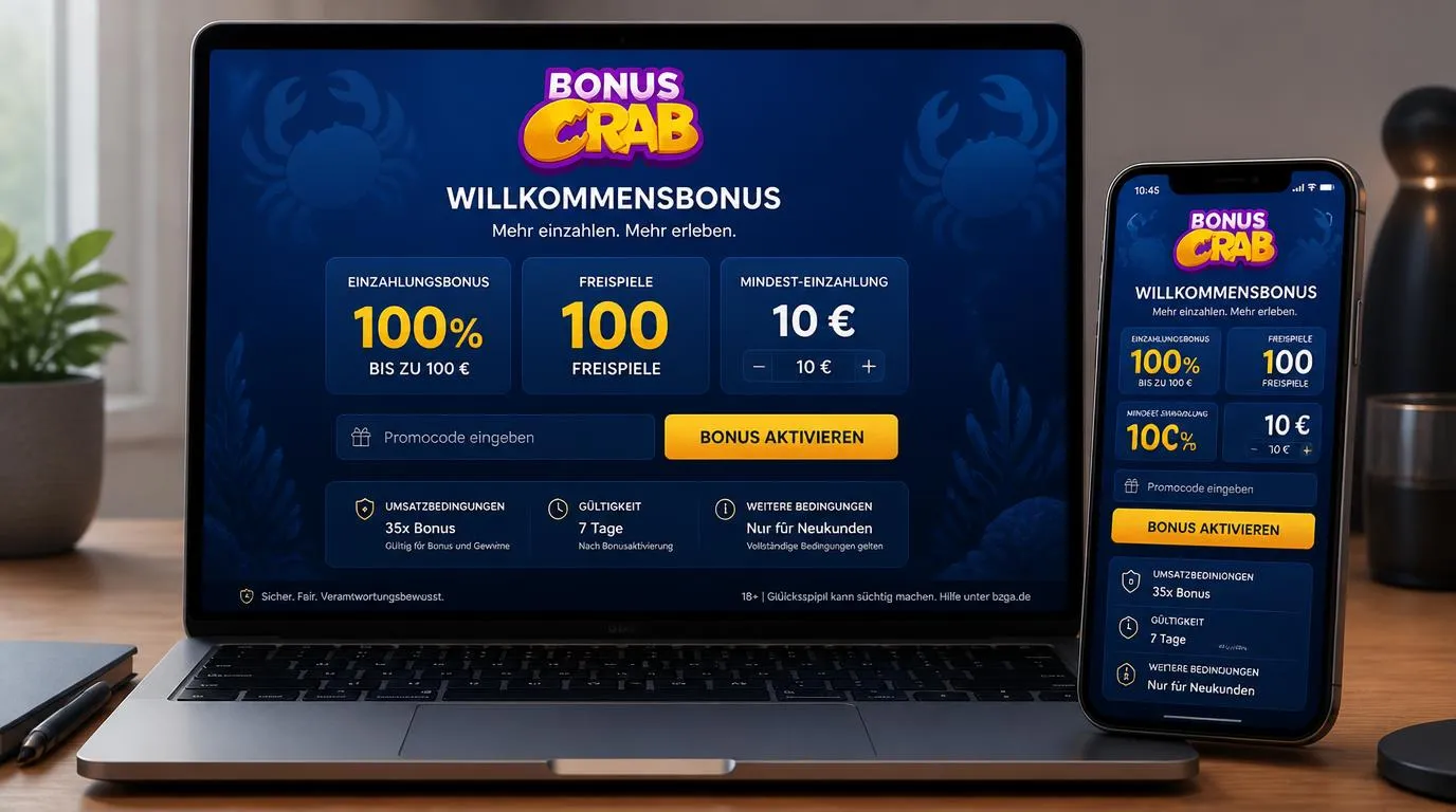 Casino-Bonusbereich mit Willkommensangebot, Einzahlungsfeld und Schaltfläche zur Bonusaktivierung