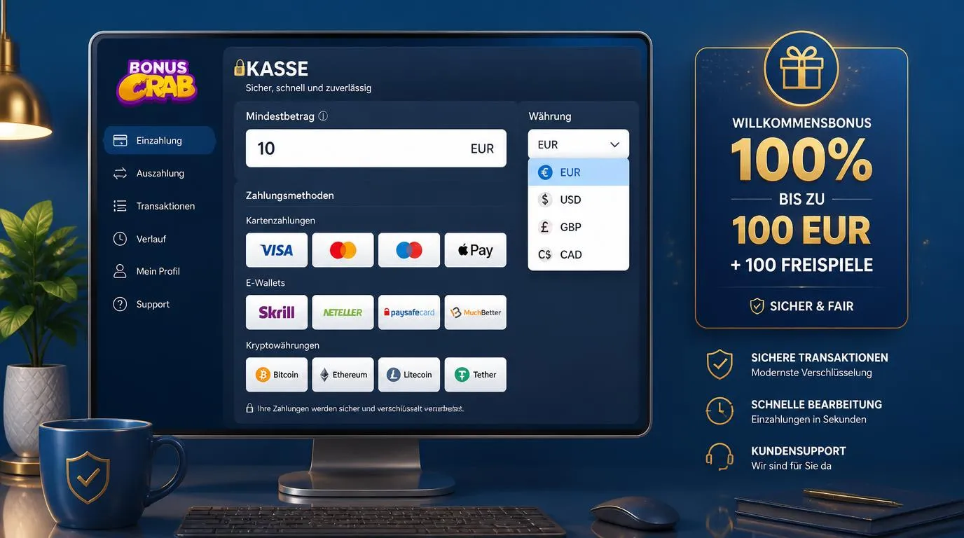 Kassenansicht mit Mindesteinzahlung von 10 Euro, Zahlungsmethoden und Auswahl der Kontowährung